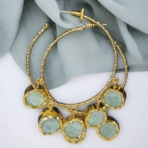 Huge 18k Gold Artisan Genuine Amazonite Crystal Stone Hoop Earrings